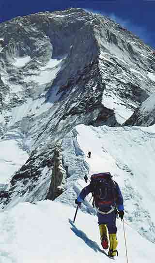 
Chris Kopczynski, Kim Momb and Jim States traverse the Twins Arete on the initial section of the Makalu West Pillar 1980 - Himalaya Alpine Style: The Most Challenging Routes on the Highest Peaks book
